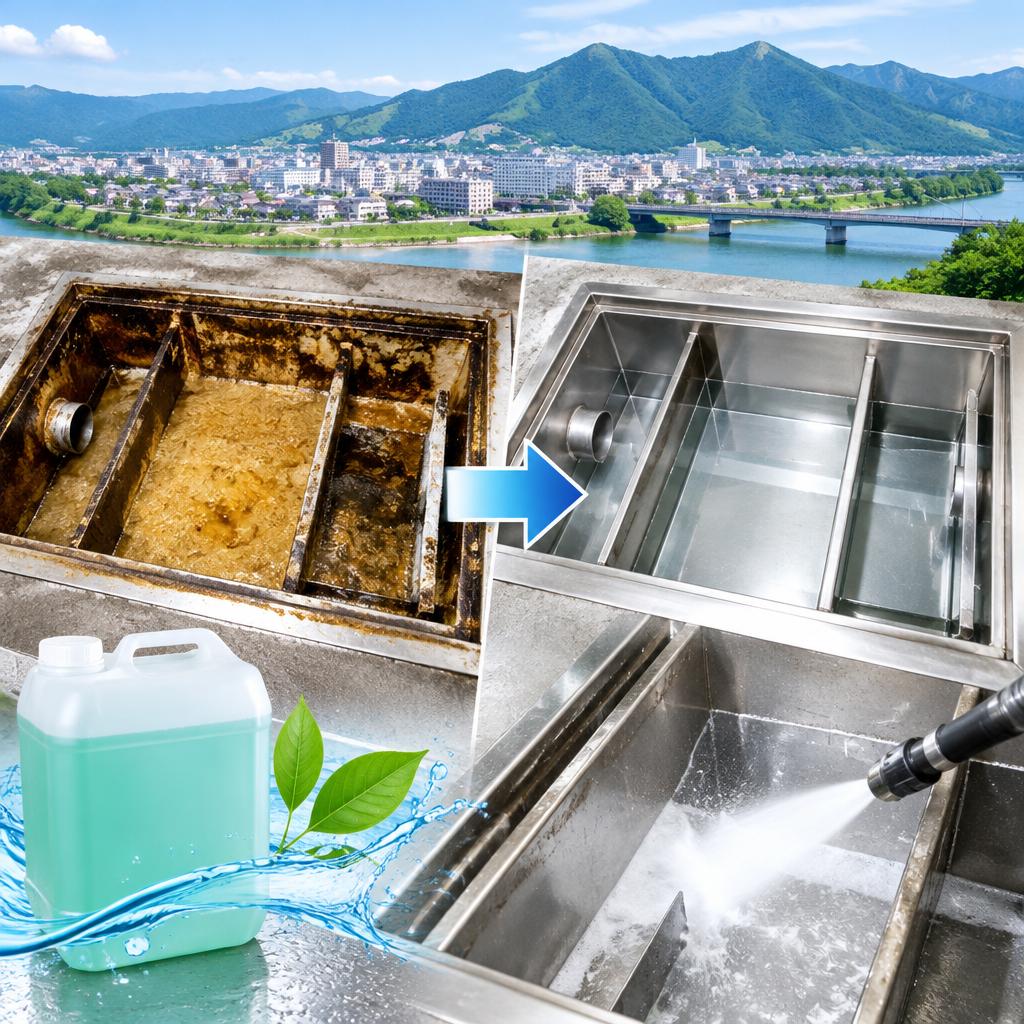 山県市のグリストラップ清掃、格安15,000円～。独自洗剤と工法で、約1時間ですっきりきれいに。
